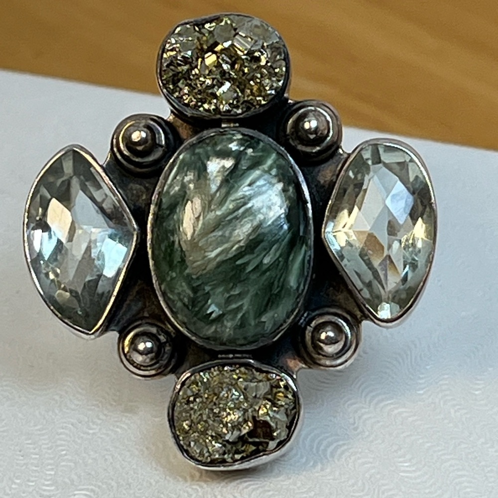 Sterling Silver Green Seraphinite & Crystal Statement Ring